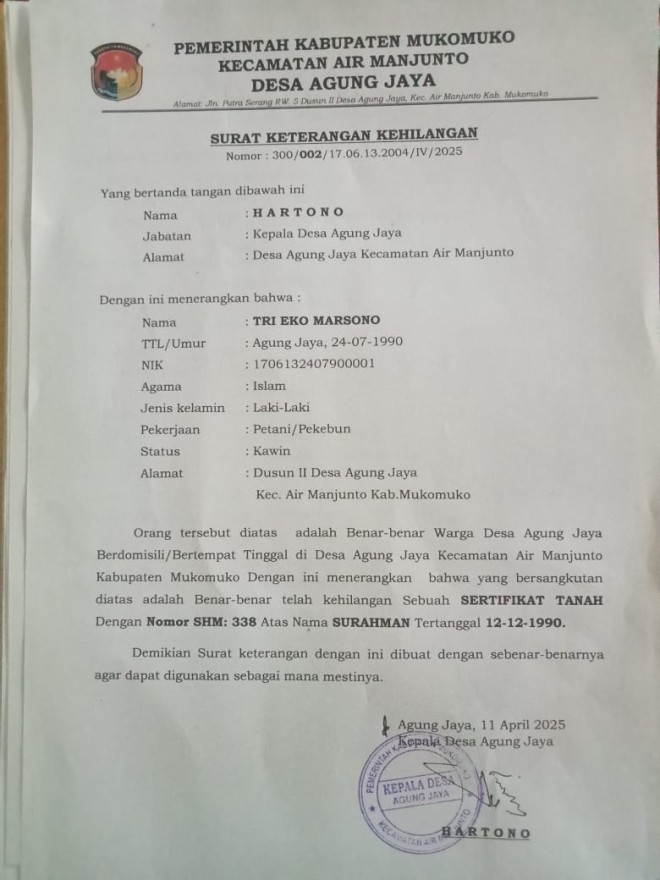 KEHILANGAN SERTIFIKAT ATAS NAMA SURAHMAN
